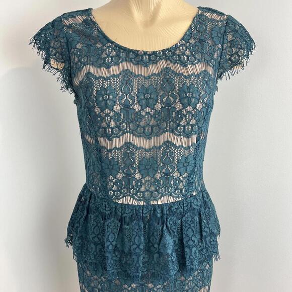 Maeve Anthropologie Women Small Elsa Teal Blue Lace Illusion Peplum Sheath Dress - Picture 14 of 14